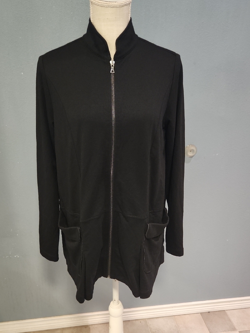 LOGO Lounge Wear Mix Media Satin Zip Up Mock Neck Lagenlook Jacket Minimalist